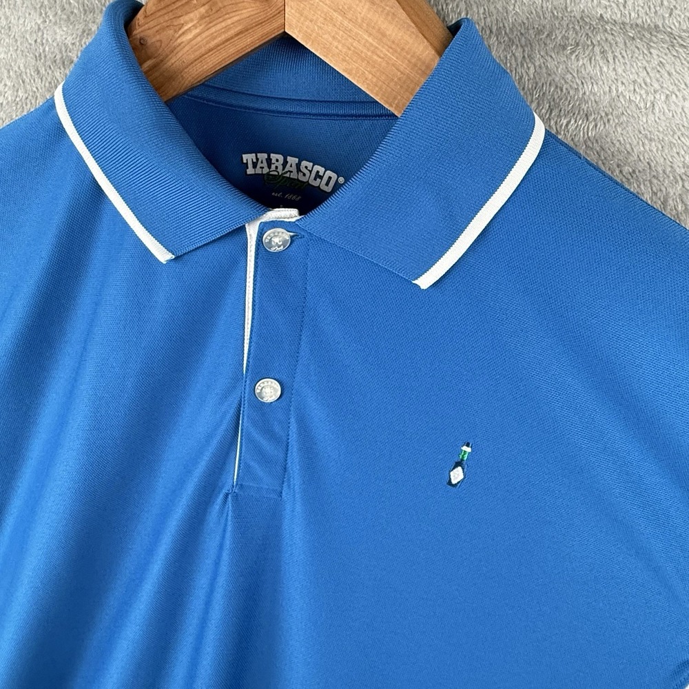 Tabasco Sport Golf‎ Polo Shirt Mens Large Blue S/S Performance Hot Sauce Logo